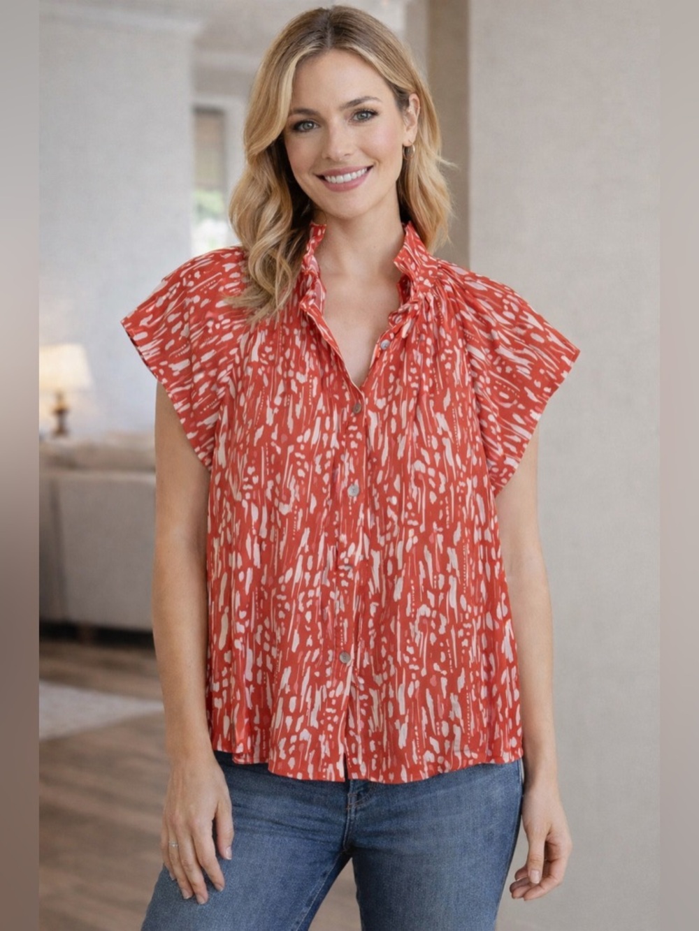 Pinch Coral & White Abstract Print Flutter Sleeve Blouse | Size Medium | EUC